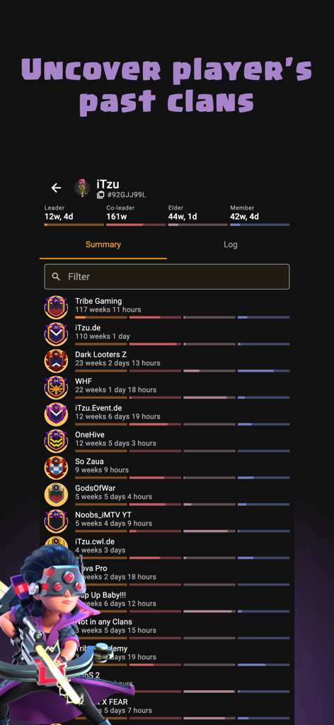 Captura de pantalla de la aplicación Clash of Stats que muestra el historial cronológico de membresías de clan y duraciones de un jugador