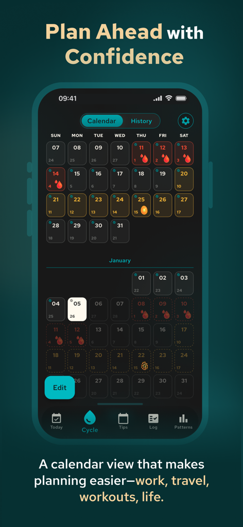 Belle : Period & PMDD Tracker - A screenshot of the Belle app calendar interface showing menstrual cycle tracking and hormonal health planning
