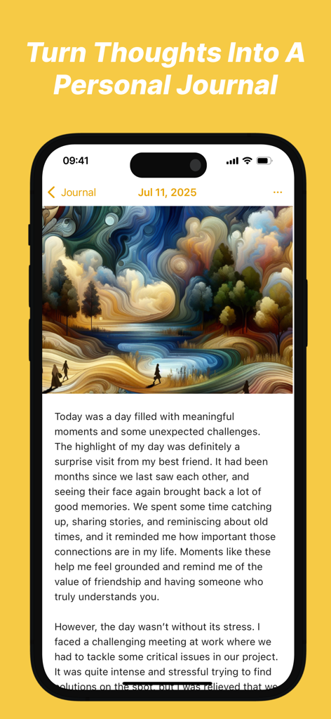 Journaling for Busy People - Una entrada de diario en la aplicación Reflectary que muestra una imagen colorida de paisaje generada por IA basada en una reflexión escrita