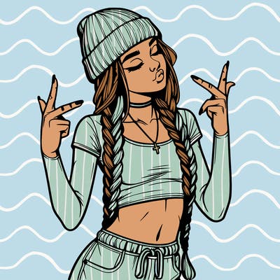 realistic teenage girl with braids and a beanie and crop top doing 🫶🏼