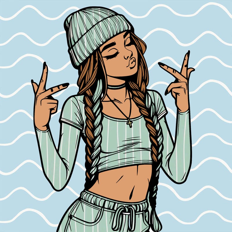 realistic teenage girl with braids and a beanie and crop top doing 🫶🏼