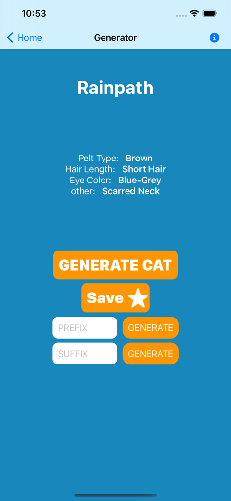 Clan Cat Generator - Interface do Gerador de Gatos de Clã mostrando características de personagem para um gato chamado Rainpath.
