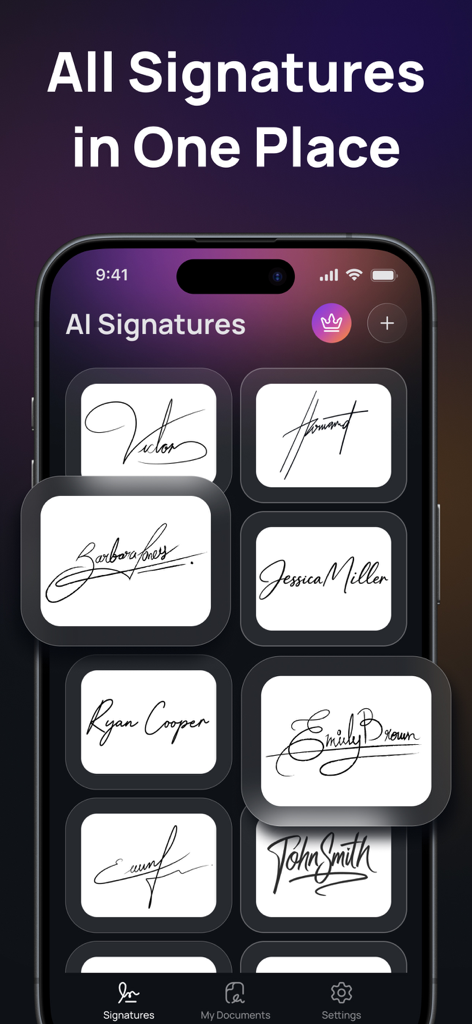 Sign AI - Signature Maker App - A collection of AI generated professional digital signatures displayed in a grid on a mobile app interface