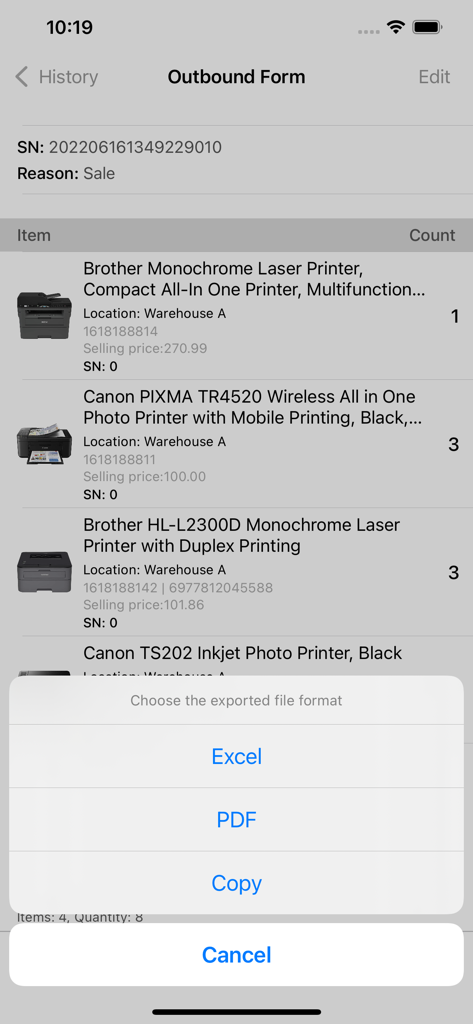 Power Inventory - Cloud WMS - Outbound form in Power Inventory app displaying file export options for Excel and PDF