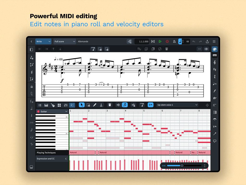 Édition MIDI de Dorico for Education avec rouleau de piano et éditeurs de vélocité.