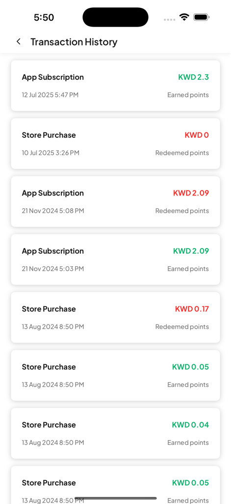 Una pantalla móvil que muestra el historial de transacciones de suscripciones de la app y compras en la tienda con puntos ganados y canjeados.