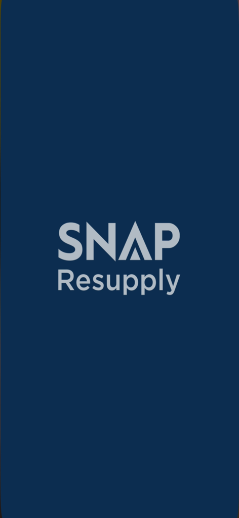 SNAP Resupply app splash screen showing the company logo on a dark blue background