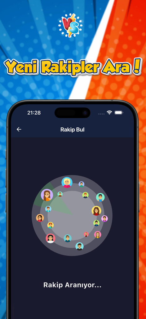 Duello app screen searching for new rivals with a circular radar of player avatars