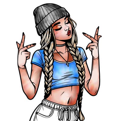 realistic teenage girl with braids and a beanie and crop top doing 🫶🏼