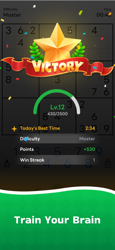 Sudoku Now! - Pantalla de victoria de la aplicación Sudoku Ahora mostrando un puzzle completado de nivel Maestro con puntos y mejor tiempo.