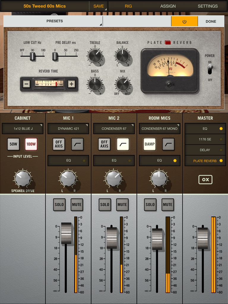 OX | Amp Top Box - OX Amp Top Box app interface showing mixer channels for microphones and cabinet with plate reverb settings