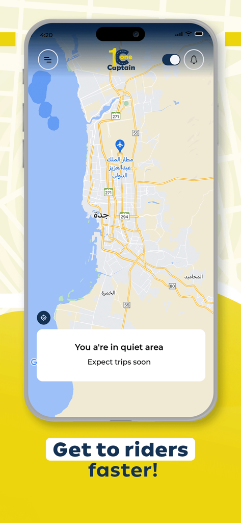 Captain One Driver - Captain One Driver app interface displaying a map and ride status notification.