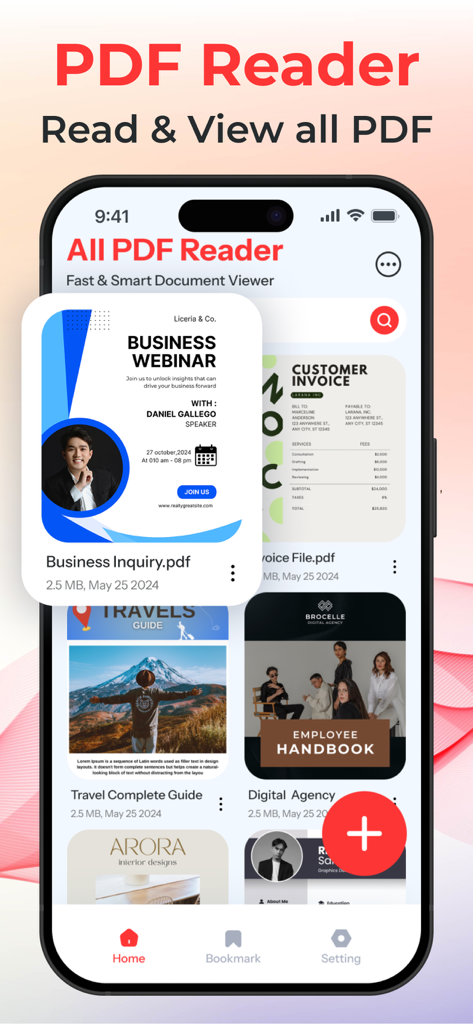 All PDF Reader - iPhoneのAll PDF Readerアプリのインターフェイス。請求書やガイドなどのデジタルドキュメントのライブラリが表示されています。
