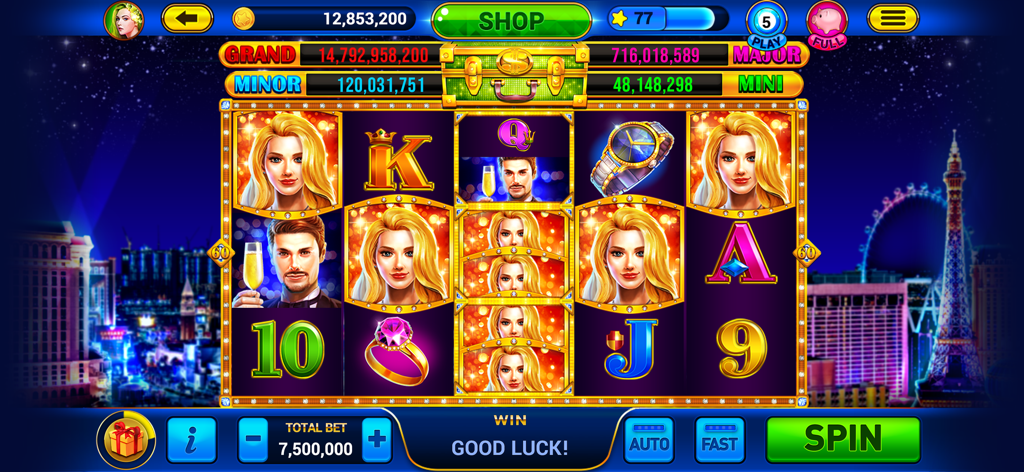 Golden City Casino - Slot machine interface in Golden City Casino with glamorous characters and Las Vegas backdrop