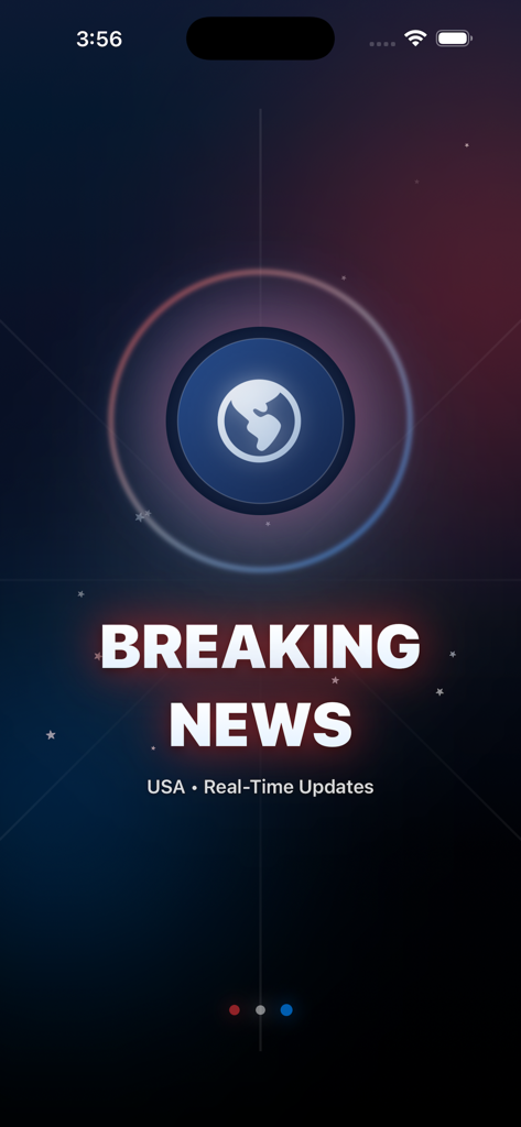 US Breaking News Alerts - A splash screen for the US Breaking News Alerts app with a globe icon and the words Breaking News USA Real-Time Updates.