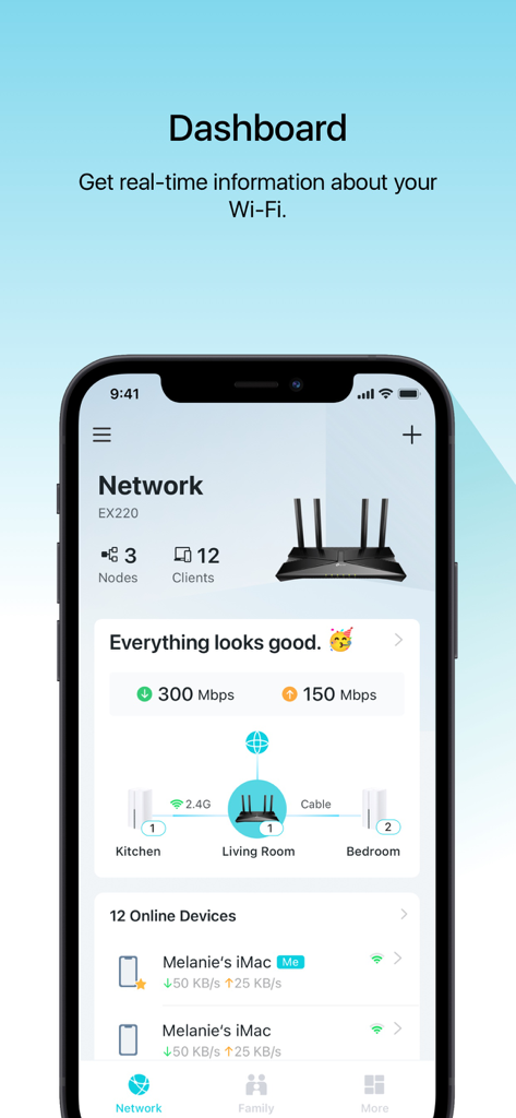TP-Link Aginet app dashboard showing real-time network status and connected home devices