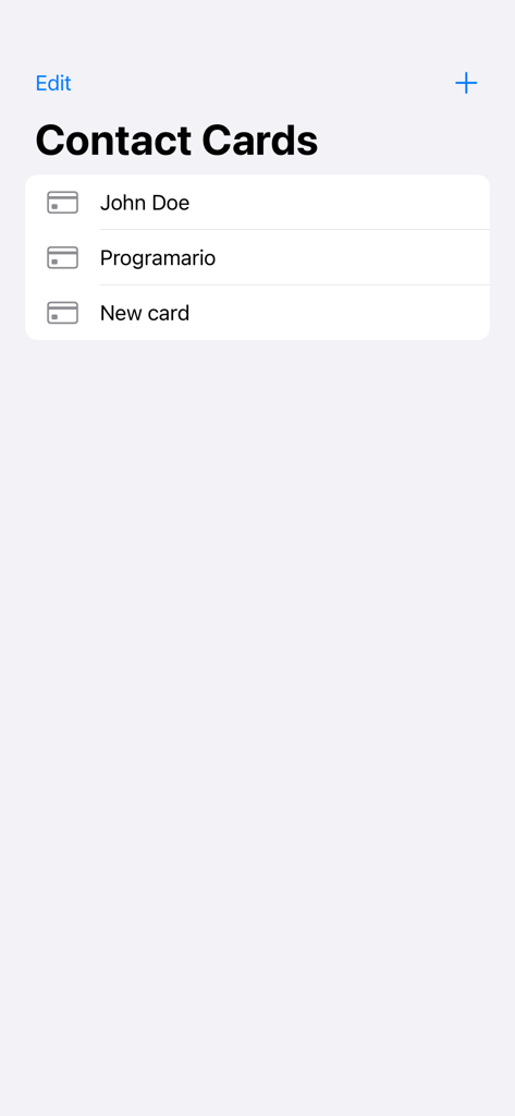 Contact-Cards - Schermata principale dell'app Contact-Cards che mostra un elenco di biglietti da visita digitali