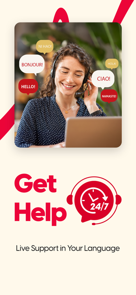 A friendly customer support agent with speech bubbles in various languages highlighting 24/7 live support.