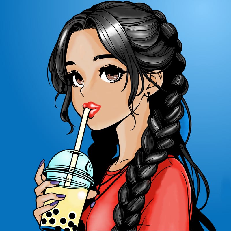 realistic girl with braided hair drinking boba