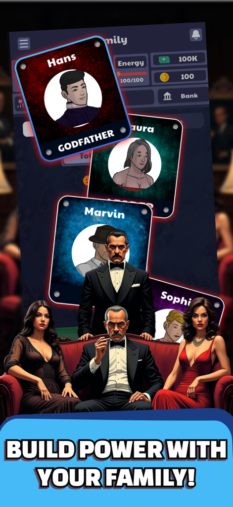 A crime boss seated on a luxury sofa with his family character cards displayed above