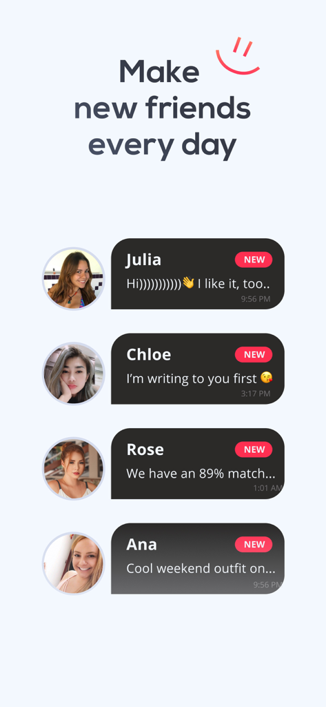 Tela de chat do aplicativo Sweet Meet mostrando várias novas mensagens de combinações em potencial