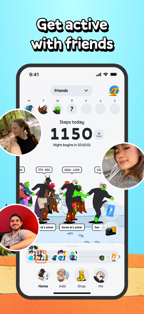 Mobile interface of Stompers app featuring a daily step counter and friends social leaderboard.