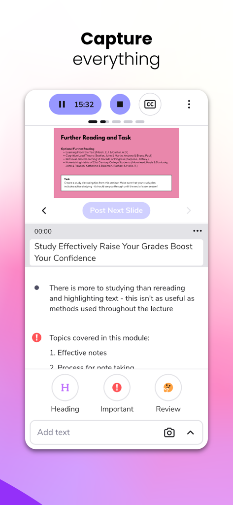 Genio Notes - Interfaz de la aplicación móvil Genio Notes mostrando una sesión de grabación con diapositivas de clase sincronizadas y notas de texto con marcas de tiempo.