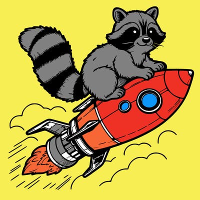 realistic raccoon flying on top rocket ship
