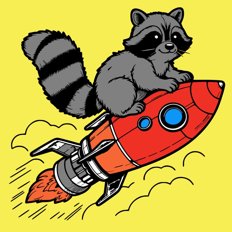 realistic raccoon flying on top rocket ship