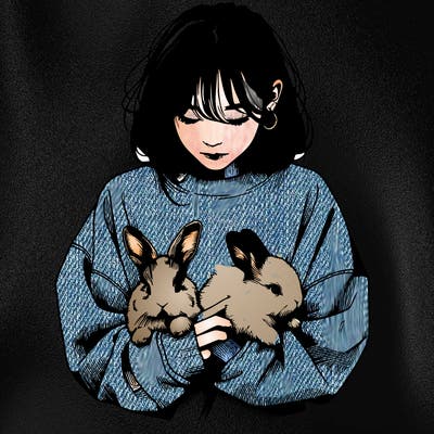 realistic girl with messy bunny baggy sweatshirt and holding bunnies