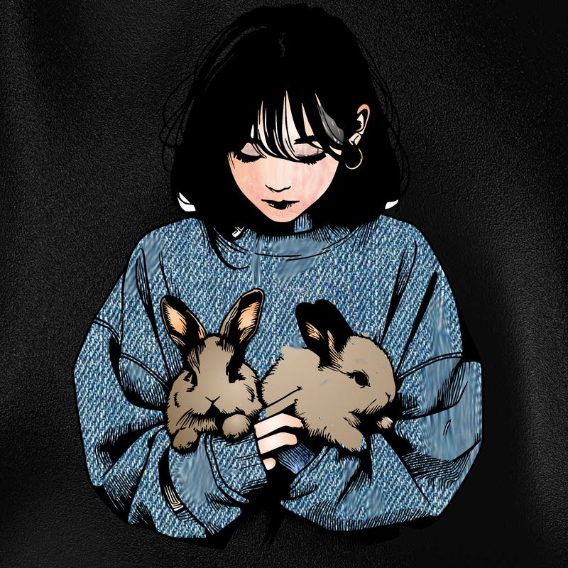 realistic girl with messy bunny baggy sweatshirt and holding bunnies