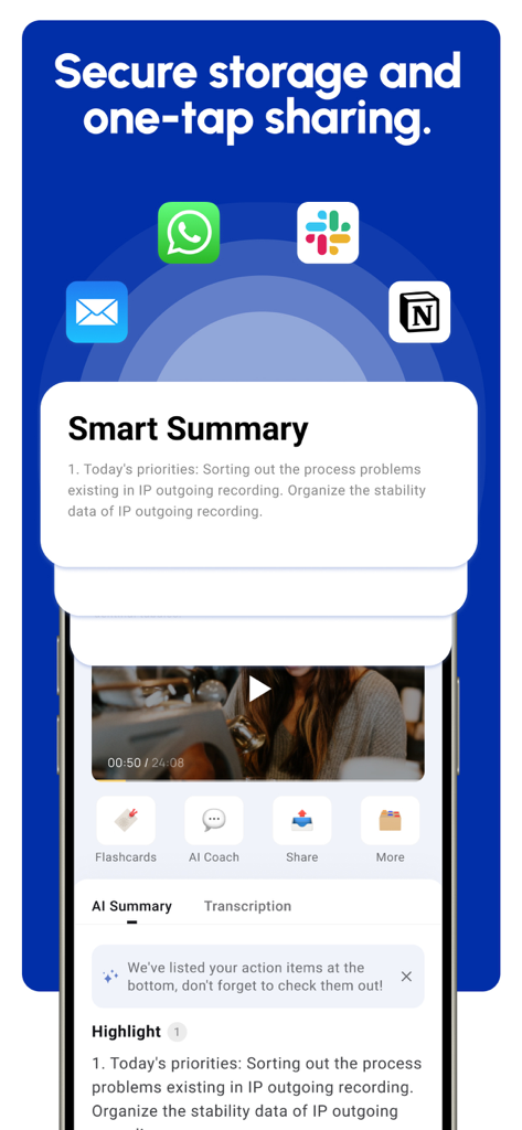Interface of Owll AI app showing smart summary and sharing options to Slack and Notion