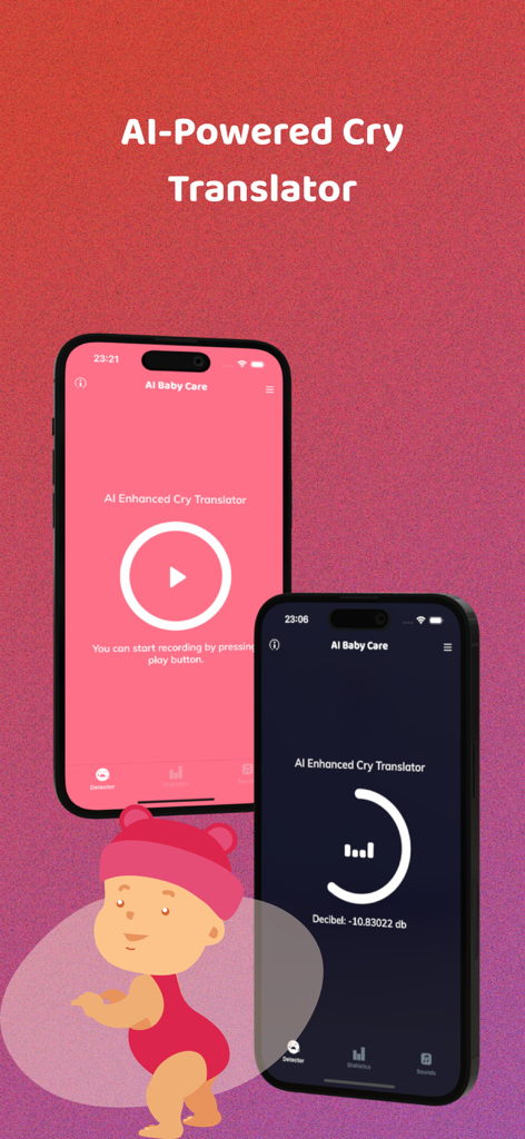 AI-powered baby cry translator app interface showing cry recording and decibel analysis screens