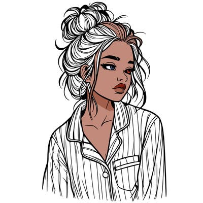 realistic woman with pajamas on and a messy bun