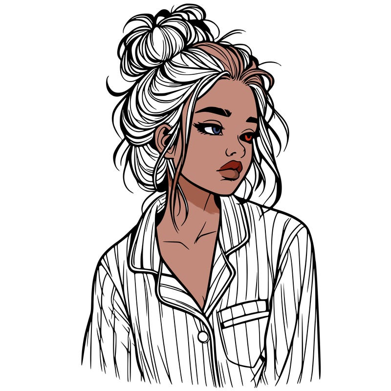 realistic woman with pajamas on and a messy bun