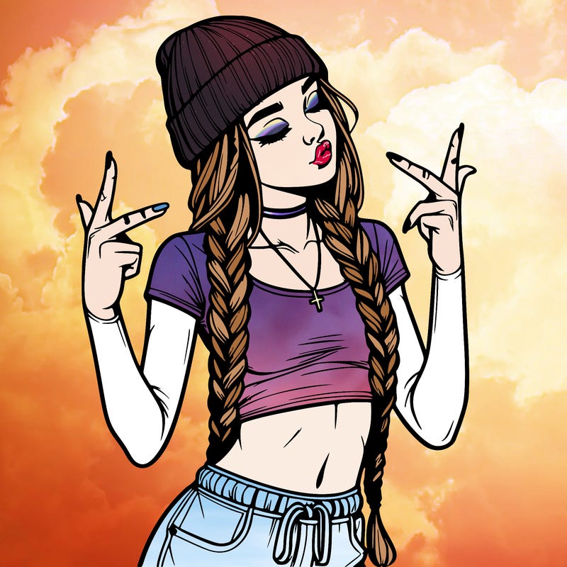 realistic teenage girl with braids and a beanie and crop top doing 🫶🏼
