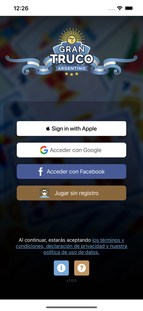 Gran Truco Argentino - Login screen for Gran Truco Argentino app showing sign in options