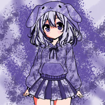 pretty anime girl wearing a fluffy hoodie with bunny ears on the hood and a skirt