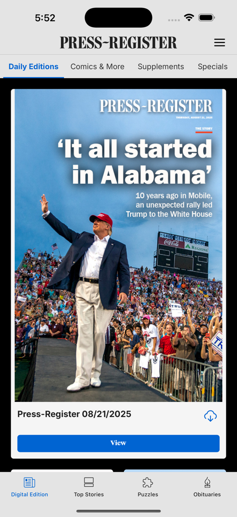 The Press-Register - Press-Register app interface showing the daily digital newspaper edition for Mobile Alabama