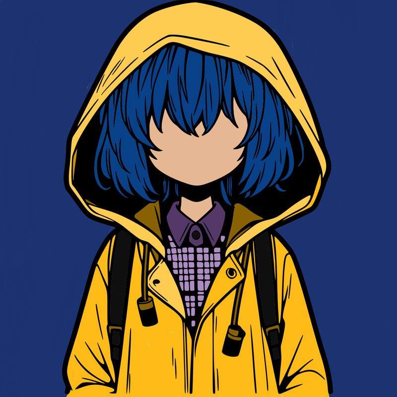 little anime girl in a raincoat her hair is covering her eyes she has a lighter
