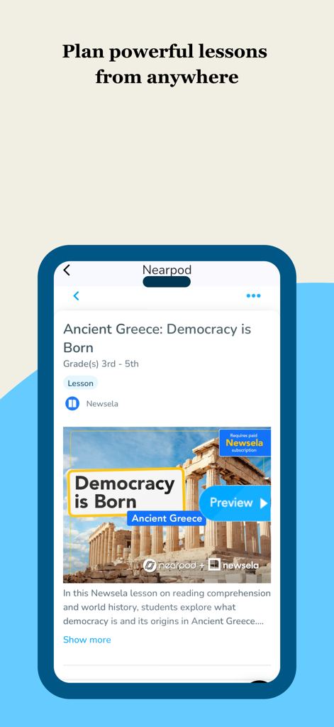 Nearpodアプリのインターフェース。古代ギリシャをテーマにした3〜5年生向けのインタラクティブな授業計画を表示