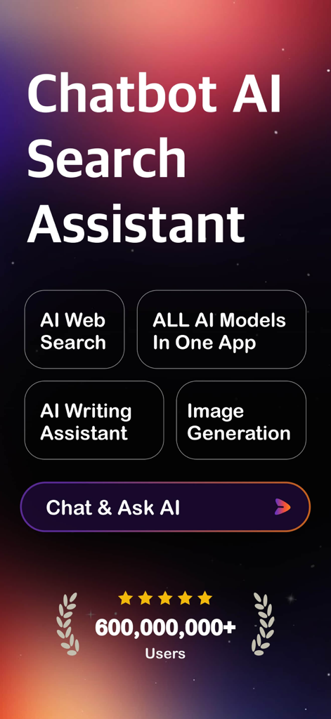 Gamm.AI - AI Chatbot Assistant - Pantalla principal del asistente chatbot Gamm AI que muestra herramientas de búsqueda, escritura y generación de imágenes