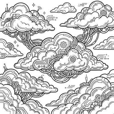 Step into a fascinating digital sky where fluffy cumulus clouds meet the gritty, high-tech world of cyberpunk. This unique coloring page blends organic cloud forms with intricate circuits, wires, and robotic details for an imaginative artistic challenge.