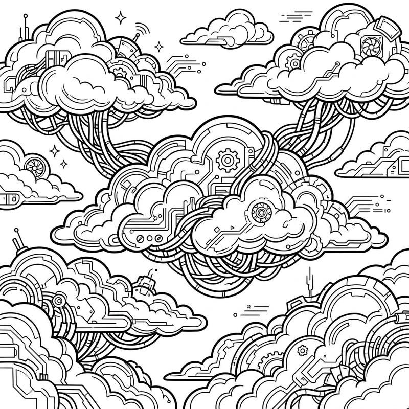 Step into a fascinating digital sky where fluffy cumulus clouds meet the gritty, high-tech world of cyberpunk. This unique coloring page blends organic cloud forms with intricate circuits, wires, and robotic details for an imaginative artistic challenge.