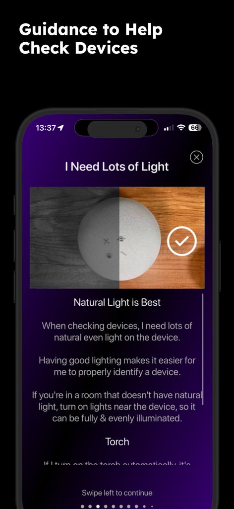 deviceOwl: Find Spy Devices - Pantalla de la aplicación deviceOwl mostrando instrucciones de iluminación para escanear dispositivos ocultos.