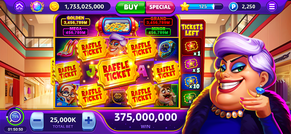 Vegas Craze Casino - A large win screen on a raffle themed slot machine in Vegas Craze Casino showing millions of coins