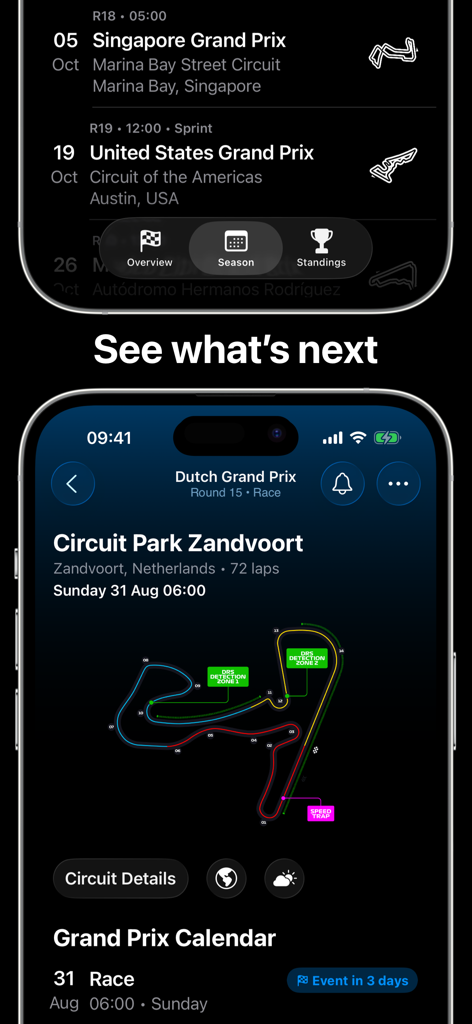 F1 race calendar and circuit map display in the Lights Out app