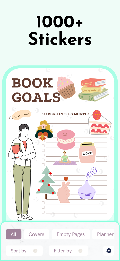 Structured Digital Planner - DigiPlan-App-Oberfläche, die eine Buchziele-Seite zeigt, dekoriert mit ästhetischen, handgezeichneten digitalen Stickern