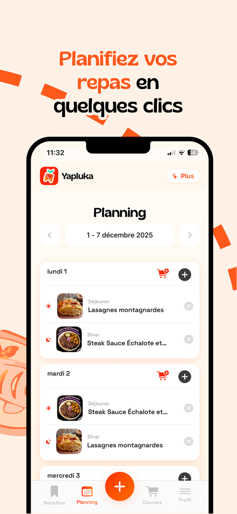 Yapluka - Recettes & Planning - Interfaz de la aplicación Yapluka que muestra un horario de planificación de comidas semanal con recetas seleccionadas y categorías de comidas.