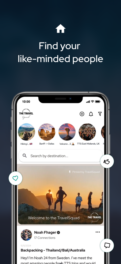 Travel Squad app interface showing a travel feed and options to find like-minded travel partners